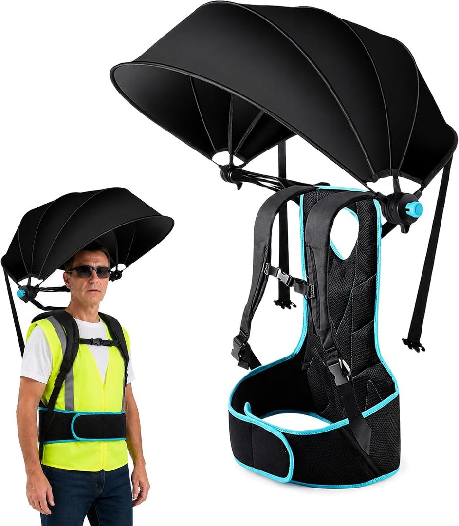 Hands-Free Wearable Sun Shade Canopy, Backpack Mounted Sun Shelter with Breathable Blue Mesh Back Panel, 1PCS