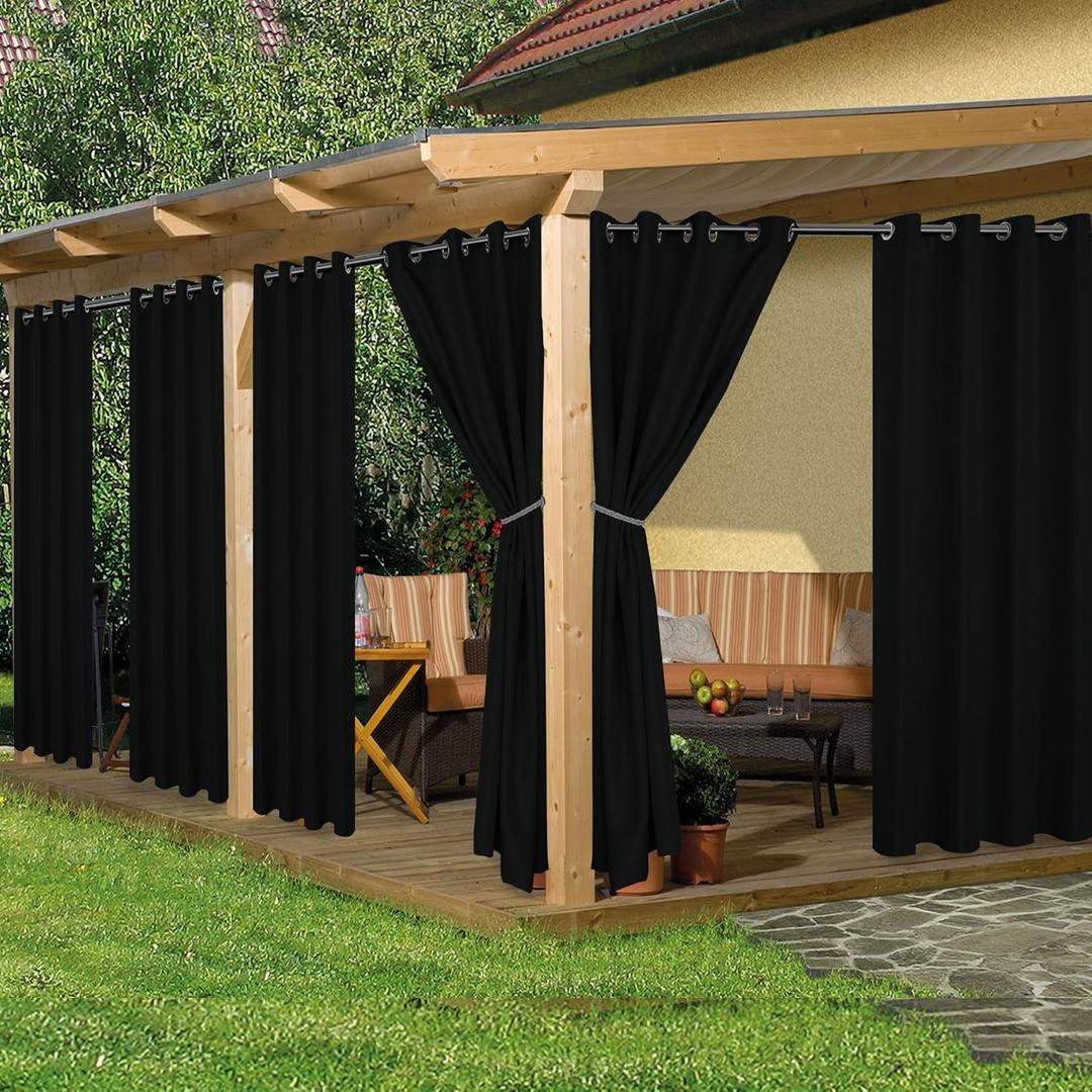 HolidayIdeas Waterproof Outdoor Curtains for Patio, 6 Panels - 54x120 Inches - Weatherproof Privacy Outsides Curtains for Backyard Porch Gazebo, Sunlight & UV Blocking Black, 54"W x 120"L (Pack of 6), 6