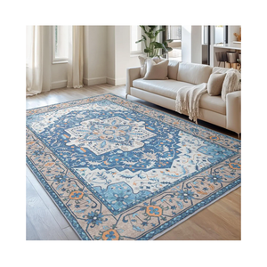 Lessymo Area Rugs for Living Room- Machine Washable Area Rugs Boho Faux Wool Low Pile Area Rug for Bedroom Floral Medallion Vintage Rugs with Non-Slip Rubber, Kid & Pet Friendly, Blue Brown