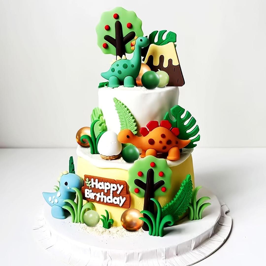 JeVenis Luxury Little Dinosaur Cake Decorations Dinosaur Cupcake Topper Green Rex Three Dino Cake Toppers for Birthday Baby Shower Party Supplies (Ball)