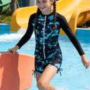 Funnycokid Girls Size 14 Swimsuit 13 Bathing Suits Kids Green Rash Guard Long Sleeve Swimwear with Shorts Bikini Zipper Swim