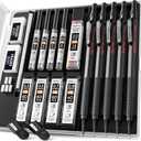 Nicpro Black Art Mechanical Pencil Set, 5PCS Metal Drafting Pencils 0.3, 0.5, 0.7, 0.9 mm & 2mm Graphite Lead Holder For Sketching Drawing With 9 Tubes (4B 2B HB 2H Colors) Lead Refills Erasers Case