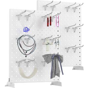TORACK Pegboard Display Stand for Craft Shows & Fairs, 12 x 16 in Metal Tabletop Pegboard Display with Hooks for Christmas Fair Event(White, Pack of 2)