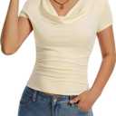 Women's Cowl Neck Tops Short Sleeve Slim Fit Ruched T-Shirts Summer Casual Dressy Business Blouses Going Out Top Beige (Beige)