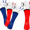 Travel Utensils Set with Case 4 Pack, Reusable Stainless Steel Portable Cutlery (Fork, Spoon, Knife, Straws & Cleaner) for Work, Dorm, Camping, Lunch Box, Compact Durable Silverware by Ecoberi (Blue-Red)