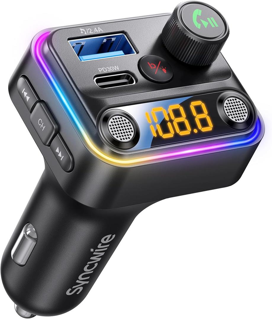 Syncwire Bluetooth 5.4 FM Transmitter Car Adapter 42W [Light Switch] [Stronger Dual-mic] [HiFi Bass Sound] [Fast Charging] Wireless FM Radio Stereo Music Adapter Hands-Free Calling Support USB Drive (Black)