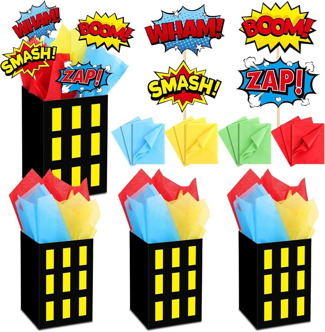 8 Sets Hero Theme Party Decoration Hero Boxes Centerpiece (7.9 x 5.1 x 5.1 Inch) Sticks with Tissue Paper Standing Cards Birthday Baby Shower Party Supplies (Multicolor)