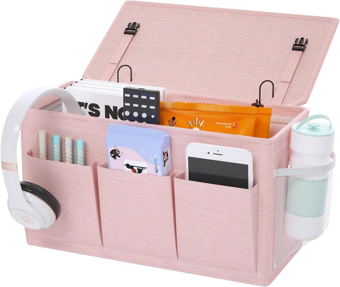 Dual-purpose Bedside Caddy Bedside Organizer, Bed Caddy with 6 Pockets, Versatile Bedside Storage Solution Magazine Remotes holder, ideal for Home, Dorm, Hospital, Crib Bed (Pink)