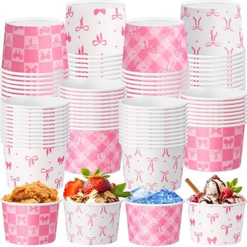 Newtay 48 Pcs Pink Bow Snack Cups 9oz Coquette Bowknot Disposable Bowls Dessert Food Treat Paper Bowls for Baby Shower Birthday Bachelorette Wedding Bridal Party Supplies, 4 Designs