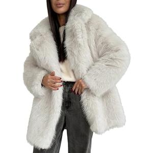 Kissonic Women's Long Faux Fur Coat Lapel Shaggy Winter Jacket Luxury Warm Furry Open Front Outerwear, Size Small