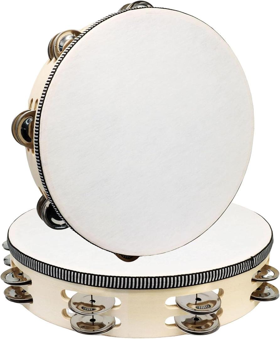 10 Inch Wooden Round Tambourine, Double Row Tambourine with Metal Jingles, Hand Held Percussion Musical Instrument for KTV, Party, Church (2 Pcs)
