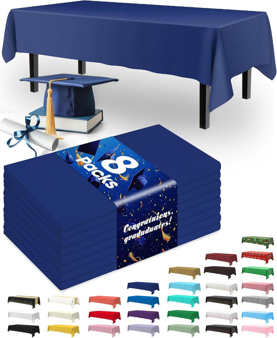 Pureegg Plastic Table Cloth Disposable 8 Pack, 54 x 108 Inch Table Cloths, Graduation Decorations Class of 2025, Graduation Party, Tablecloths, Rectangle, Plastic Cover, Leakproof & Sturdy, Navy Blue