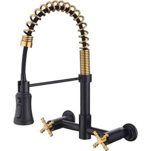 Wall Mount Kitchen Faucet, 8 Inch Center Wall Mount Faucet with Pull Down Sprayer, Commercial Spring Wall Faucet for Kitchen Sink, 3 Functions, Dual Handle, 304 Stainless Steel, Black and Brushed Gold