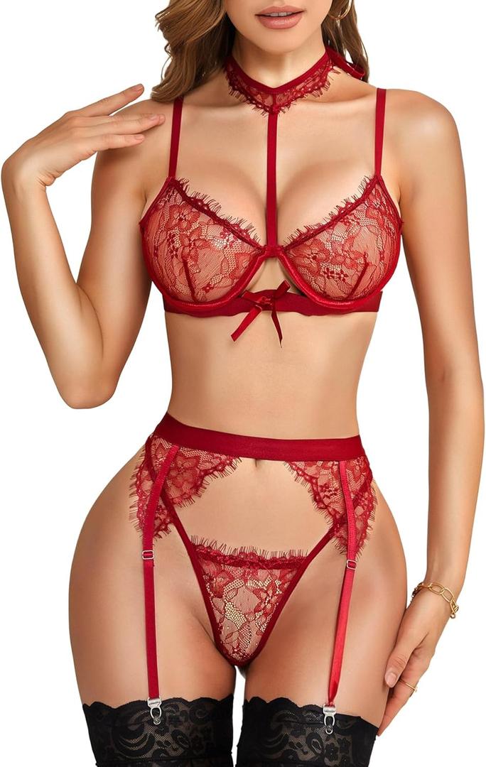 RSLOVE Lingerie Sets for Women Sexy - Floral Lace Underwire Removable Choker Garter Belt Sheer Bra and Panty Set (Small, Wine Red)