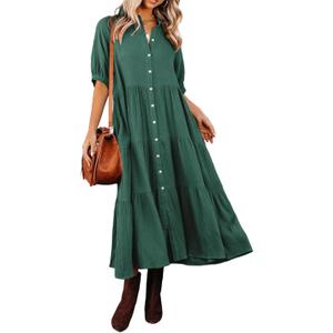 R.Vivimos Women's Summer Cotton Half Sleeves Button Down Casual Loose Slit Midi Dress with Pockets, XL