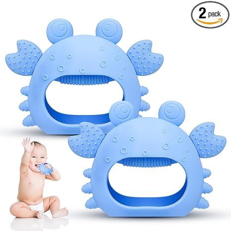 Anboor 2 Pack Baby Teething Toys, Silicone Teethers for Babies 0-6 Months Anti Dropping Hand Teether, Infant Baby Chew Toys for Teething Relief, for Newborn Soon-to-be Mothers (Blue,Crab)