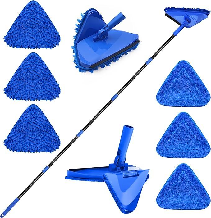Dolanx Wall Mop Cleaner Long Handle 80 inches, 180° Folding Ceiling Washer Scrubber and Squeegee, Triangle Baseboard Cleaning Tool Duster with 6 Microfiber Chenille Pads for Painted Walls Window Floor