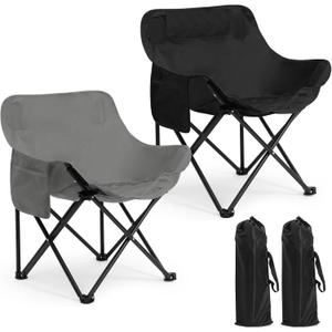 2 Pack Compact Camping Chairs Portable Folding for Outside with Carry Bag Lightweight Moon Chairs for Travel Picnic Hiking Beach Fishing, 600D Oxford, Supports 330lbs (Grey, Black)