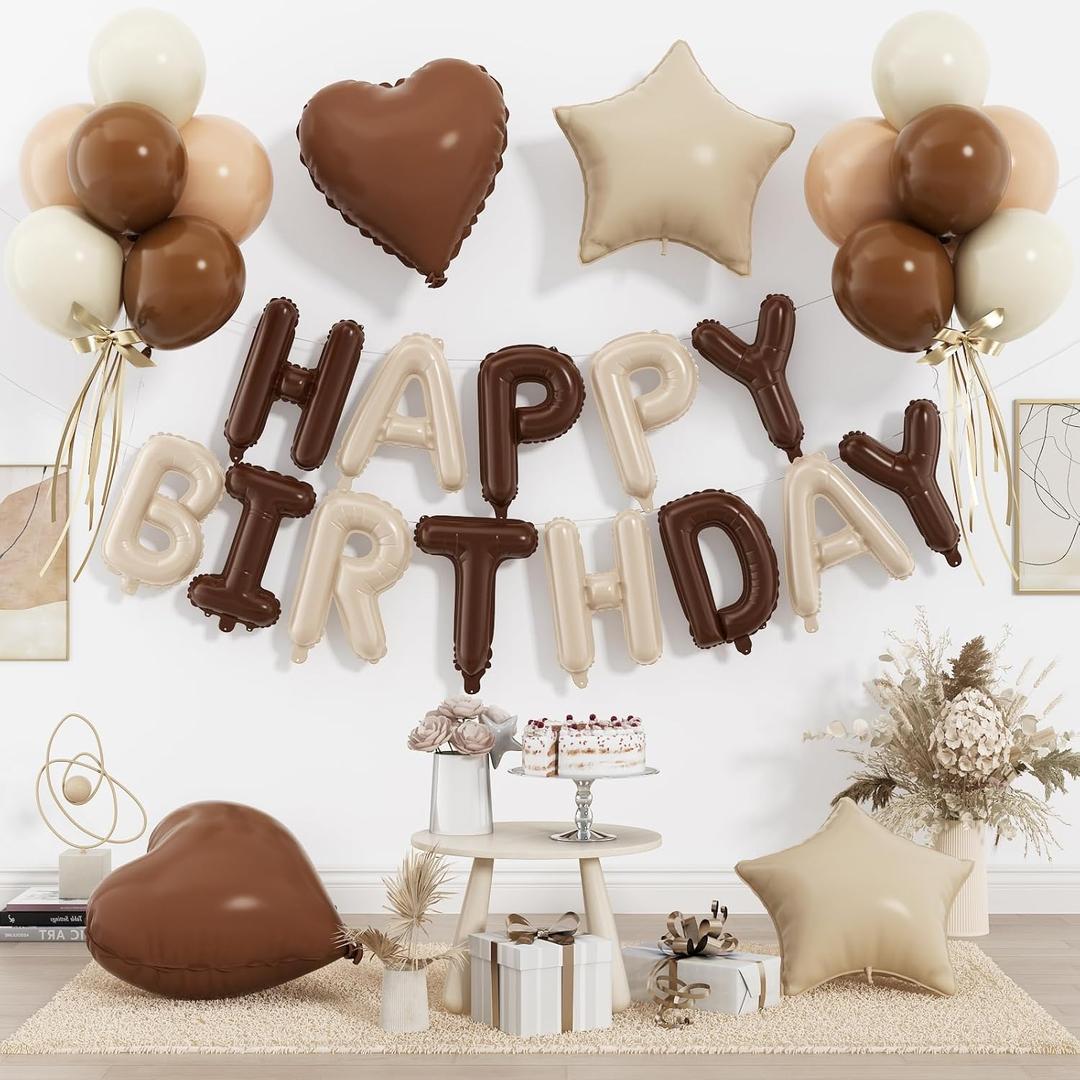 29PC Cream Brown Happy Birthday Balloon Banner, 16Inch 3D Aluminum Letter Banner Sign, Brown Apricot Dusty Ivory White Balloon 18 Inch Star Heart Foil Balloon for Women, Men Party Supply