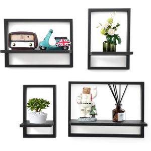 PHOENANCEE Square Floating Shelves,Framed Wall Shelf Decorative Set of 4,Modern Plants Hanging Display Art Decor Storage for Livingroom Bedroom Bathroom Farmhouse,Home Light Wood,Rustic Black