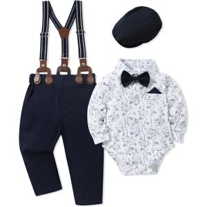 WESIDOM Baby Boy Clothes  Gentleman Outfit, Shirt+Bowtie+Beret+Suspender Pant Baby boy Suit Clothing Set (6-12 Months, Floral+Navy Blue)