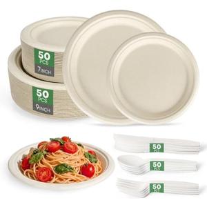 Compostable Plates 9&7 Inch with CutleryHeavy Duty Paper Plates 50 Pack, Disposable Dinnerware Sets Biodegradable Sugarcane Bagasse Dinner Plates for Everyday Use, Party, Family (Microwave Safe) (Brown)