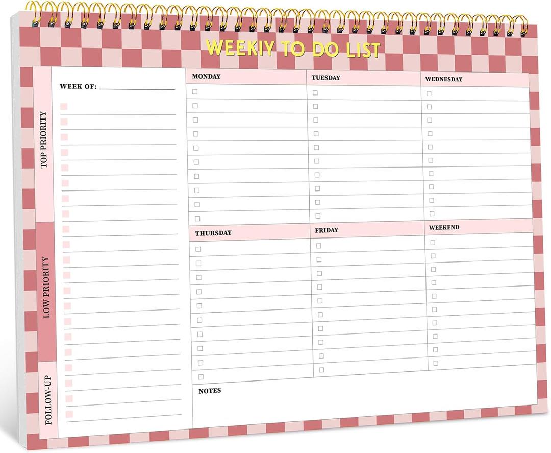 Taja Weekly To Do List Notepad with 52 Undated Sheets8.5"11"- Weekly Desk Planner for Women & Man, Work and Home - 1 Pack Rose Checkered