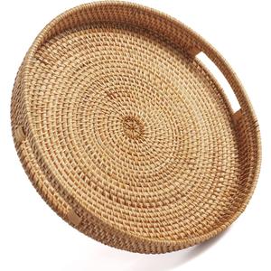 Coffee Table Tray Round Rattan Ottoman Tray Woven Serving Trays with Handles for Home and Kitchen Decorative Natural (Large 14 inch x 2.4 inch)