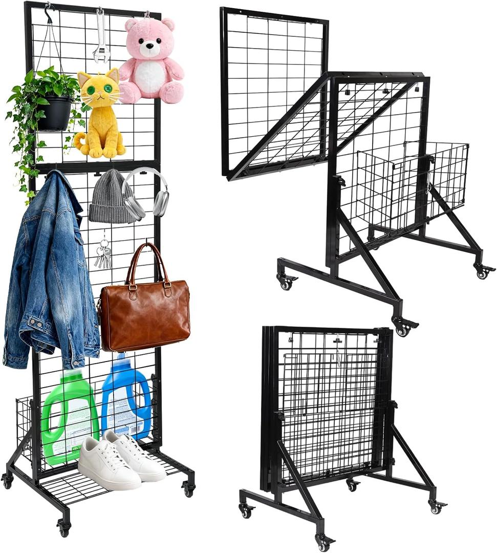 Foldable Grid Wall Panels, Gridwall Panels with Folding Baskets, Tool-Free Assembly and Folding, for Storage and Retail Merchandise Display (Black)