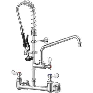 Commercial Faucet with Sprayer, Brass Chrome Wall Mount Restaurant Kitchen Sink Faucet 25" Height 8" Center with Coilded Spring Pull Down Pre Rinse Sprayer, 12" Spout and 18" Hose (25 inches)