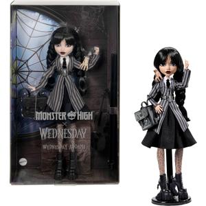 Monster High Wednesday Doll and Accessories, Wednesday Addams Collectible in Nevermore Academy Uniform with Thing and Backpack, Doll Stand (Multicolor)