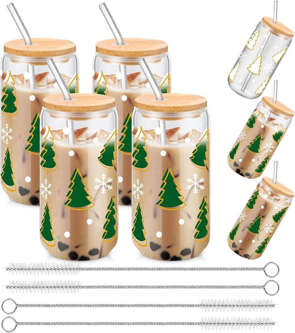 FillTouch 4 Pcs Christmas Color Changing Cup 16 oz Christmas Color Changing Glass Cup with Lids and Straws Cute Reusable Travel Tumbler Iced Coffee Mug for Xmas Party Gift
