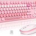 Atelus Wireless Keyboard and Mouse, Typewriter Full Size Keyboard with Number Pad and 2 in 1 USB Connected Mouse for Windows 7/8/10, Laptop, Desktop, PC, Computer (Pink Colorful)