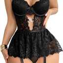Foxiny Sexy Stocking Underwire Push Up Rhinestones Heart Floral Lace Mesh Sheer Garter Bodysuit Skirt Lingerie Set 3 Piece, Size M