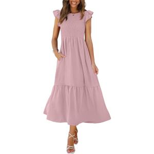 OFEEFAN Women's Casual Maxi Dresses with Pockets Ruffle Sleeve Smocked Dress (Size XX-Large, 06- Pink)