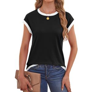 LilyCoco Ringer Tee Women Summer Short Sleeve Crew Neck Casual Basic T Shirts Black Small