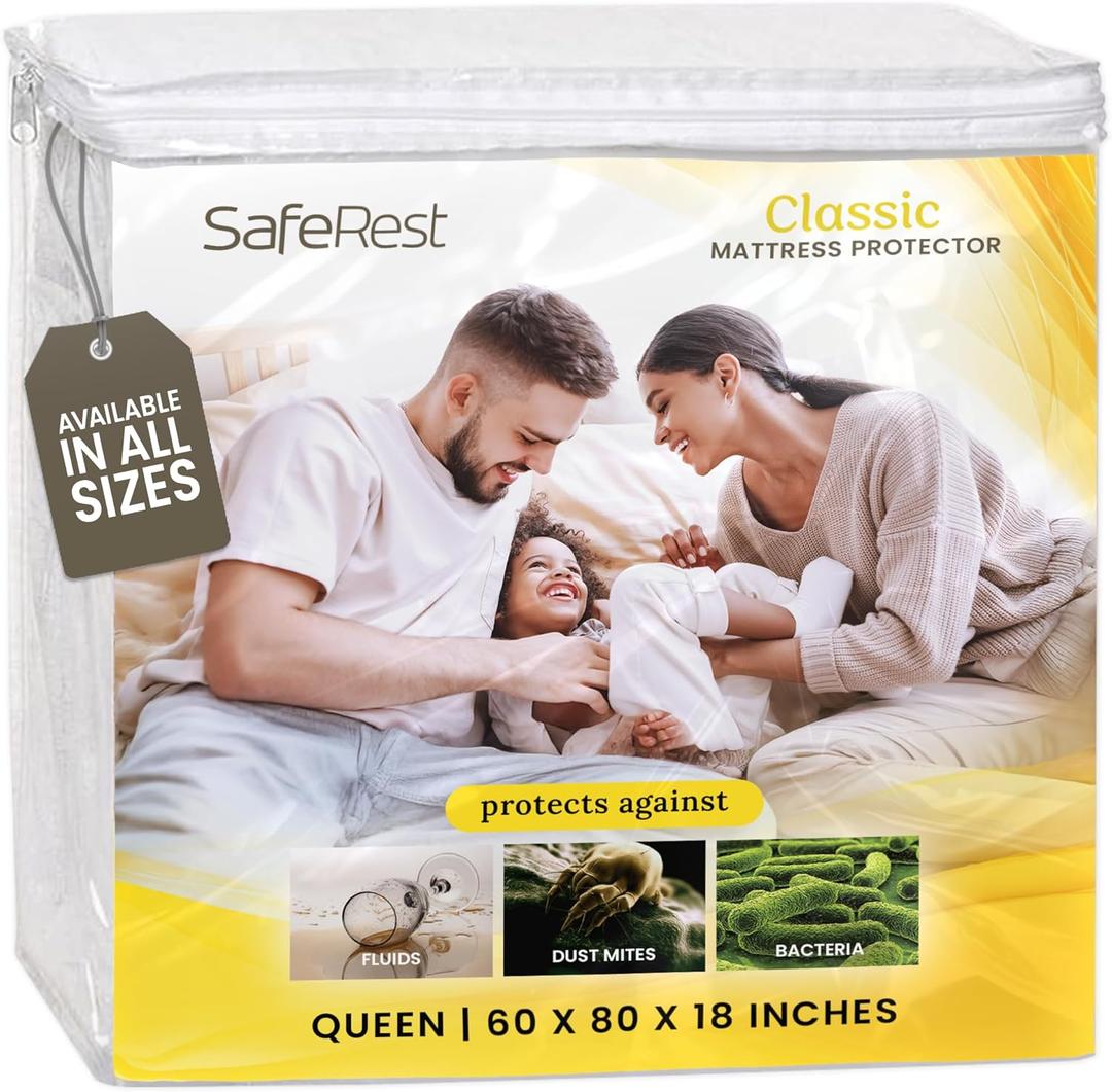 SafeRest Waterproof Mattress Protector Queen Size  Absorbent Breathable Soft Fitted Bed Cover with 18" Deep Stretchable Pockets  Machine Washable Queen Mattress Cover