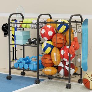 Sports Equipment Storage Rack,Rolling Garage Ball Organizer with 6 Wheels, Detachable Baskets,Hooks and Elastic Straps for Sports Gear and Toy Storage,Indoor Outdoor Use