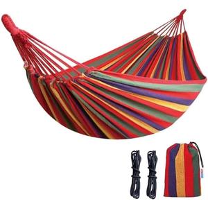 Cotton Canvas Hammock, Comfortable Fabric Camping Hammock with Tree Straps, Up to 440lbs with Travel Bag for Camping Outdoor/Indoor Patio Backyard(Rainbow, Without bar)