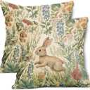 Spring Pillow Covers 16x16 Inch Set of 2 Rabbit Bunny Floral Flower Green Leaves Vintage Botanical Plants Easter Themed Cotton Linen Decorative Throw Pillow Case for Bedroom Sofa Living Room Chair