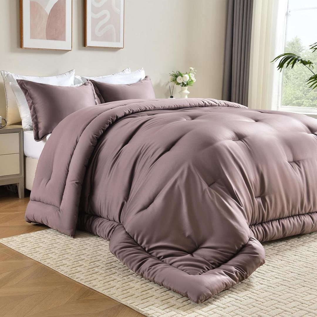 Cosmoluxe Queen Comforter Set, Satin Comforter Sets for All Season, 3 Pieces Reversible Lightweight and Breathable Bedding Sets with 1 Silky Comforter and 2 Pillow Shams (Dusty Pink)