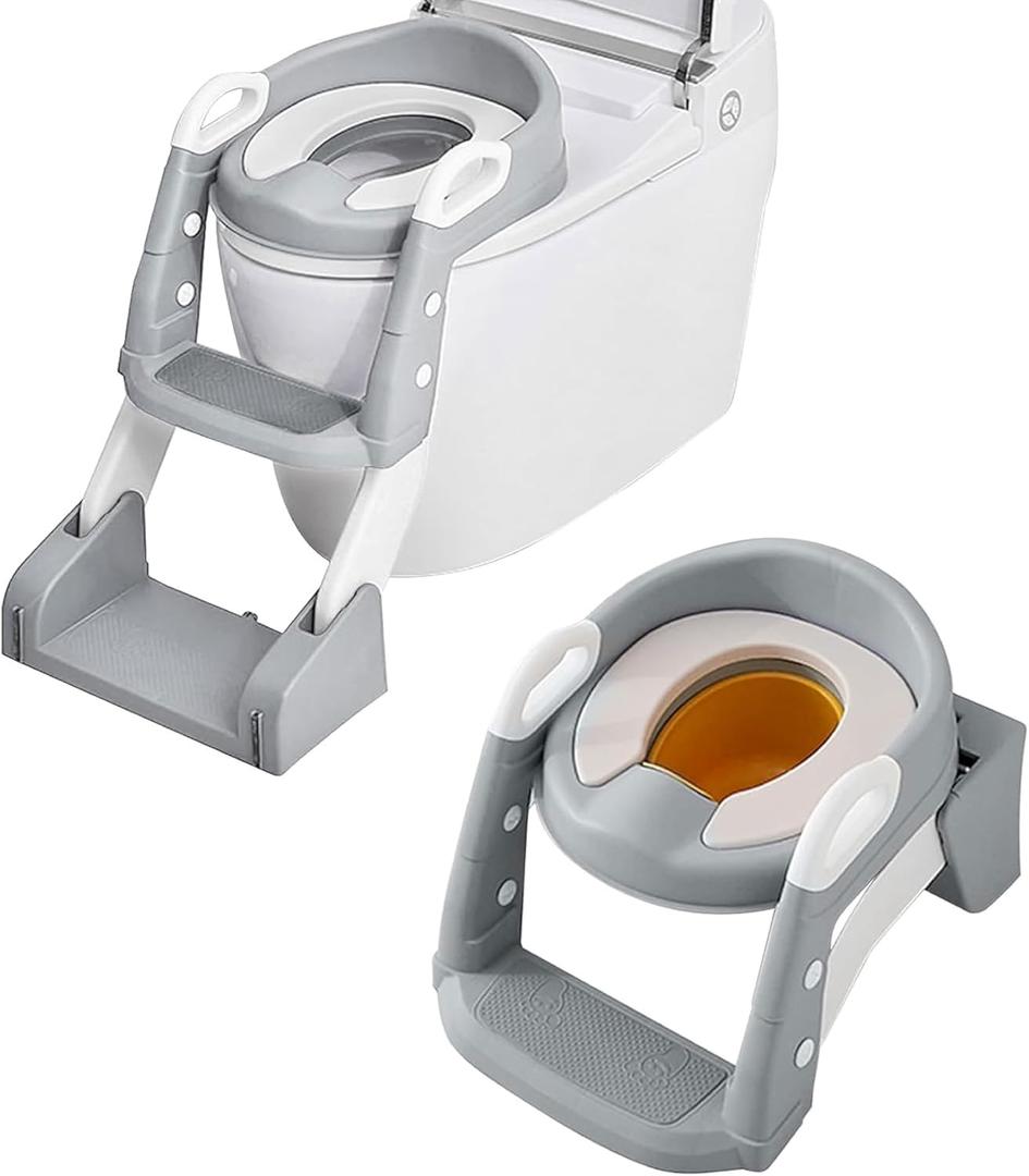 2-in-1 Potty Training Seat with Step Stool Ladder  Toddler Toilet Seat with Splash Guard & Removable Urinal Bucket, Soft Cushion, Non-Slip Base  Fits Round & Elongated Toilets, for Boys & Girls (Gray)