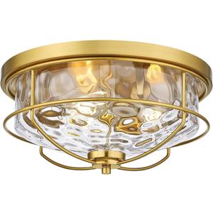15 Inch Flush Mount Ceiling Light, HWH 3-Light Modern Close to Ceiling Light Fixtures Brushed Gold Finish for Kitchen Porch Foyer with Hammered Water Ripple Glass, 5HTJ102WG-F BG