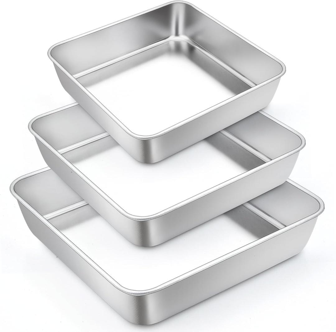 TeamFar Square Cake Pan, 6/8 / 9 Inch Stainless Steel Square Baking Pan for Cake Brownie Lasagna, Non-Toxic & Heavy Duty, One Piece Design & Deep Wall, Smooth & Dishwasher Safe Set of 3