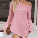 Tankaneo Womens Off The Shoulder Tops Casual Long Sleeve T Shirts Irregular Hem Split Tunics Loose Fall Blouse Shirt (Pink, L)