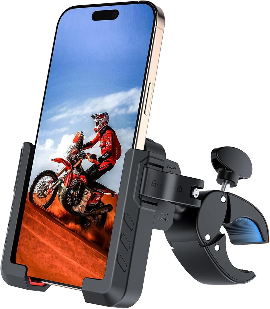 Bike Phone Mount Holder,Biking & Recording Video 2025 Universal Motorcycle Phone Mount Bicycle Accessories Handlebar Cell Phone Clamp for Scooter, Compatible with iPhone 16/15 Pro Max, Red