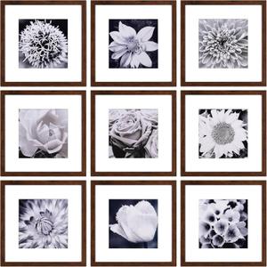 Yaetm 12x12 Picture Frame Set of 9, Brown Wood Grain Square 12x12 Frame, Displays 8x8 with Mat or 12 x 12 without Mat, Gallery Wall Frames for Wall Mounting (9 pack, Brown)
