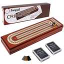 Juegoal Upgrade Wood Cribbage Board Game Set, Solid Wooden Continuous 3 Track Board with Larger Storage Area, 9 Metal Pegs and 2 Decks of Playing Cards, Travel Portable Cribbage Game Sets
