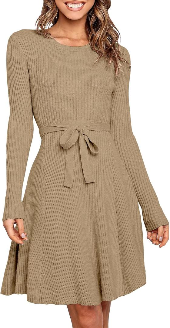 ANRABESS Womens Long Sleeve Sweater Dress Crew Neck Slim Fit Slit Tie Waist 2025 Ribbed Knit Bodycon Midi Dress Fall Outfits, Small