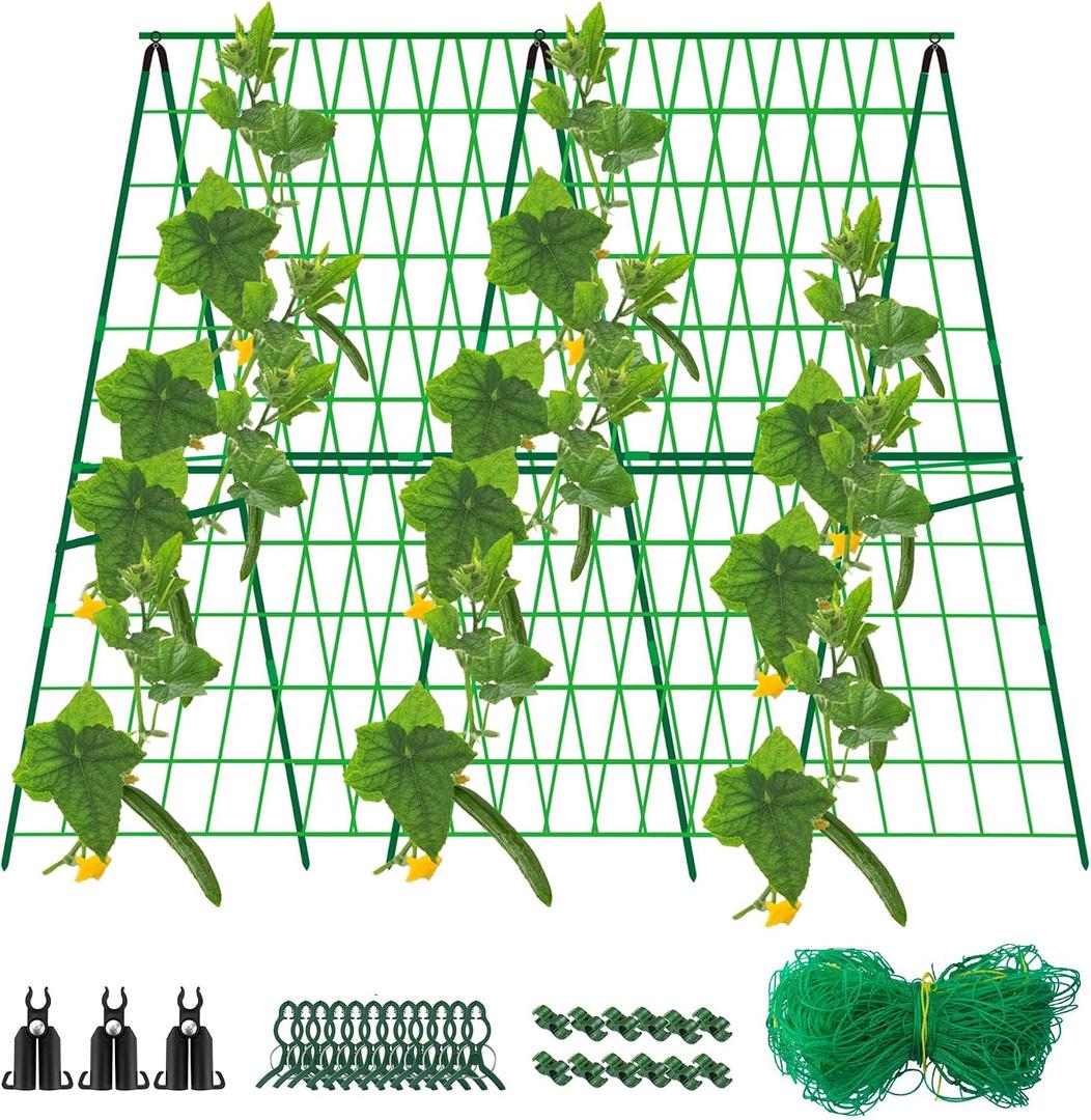 48 x 48 Inch Foldable Cucumber Trellis for Raised Bed- A-Frame Garden Trellis for Climbing Plant Outdoor with Climbing Net and Plant Support Clip for Outdoor Plants Zucchini Vegetables Tomato Flowers